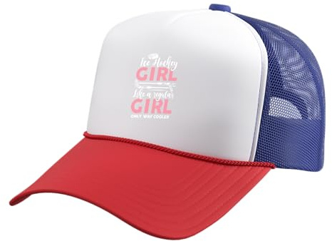 Ice Hockey Girl Just a Regular Girl Only Way Cooler Hockey Trucker Hat with Adjustable Mesh Back, Red/White/Royal Blue