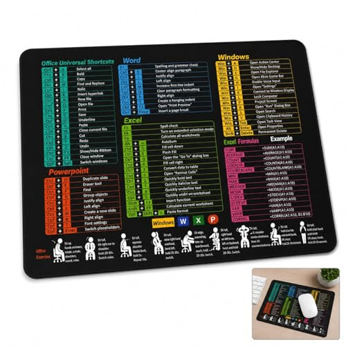 Excel Word PowerPoint Shortcuts Mouse Pad 30x25cm Non-Slip Waterproof Mat