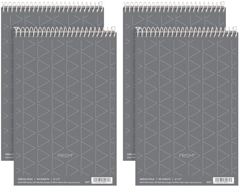 Tops Prism Steno Pads, Gregg Ruled, 6 x 9 Shorthand Writing Pad, Gray Paper, Spiral Bound Notepad, Perforated Pages, 80 Sheets, 4 Pack (80274)