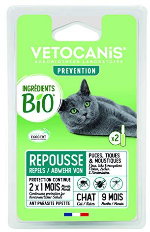 Vetocanis - Pipette antiparassitario per gatti > di 9 mesi - Repellente per pulci, zecche e zanzare - BIO - Antipulci gatto Made in France - Trattamento per gatti di tutte le razze - 2 mesi di cura