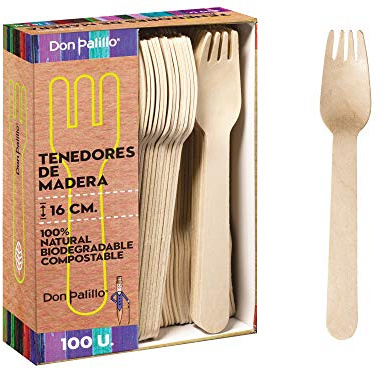 DON PALILLO - 100 Tenedores de madera desechables., 16 cm. 100% natural, ecológico, biodegradable