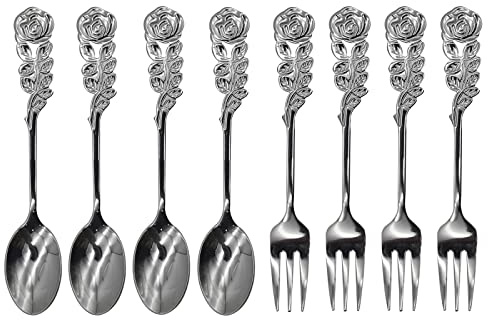 Pinenjoy 8-teiliges Set mit Rosen-Griff, Löffel, Gabel, 12 cm, 18/10 (304) Edelstahl, Besteck für Kaffee, Tee, Dessert, Eis, Vorspeisen, Obst