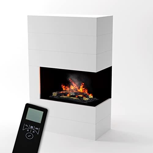 GLOW FIRE Wasserdampf Kamin TUCHOLSKY rechts (Standkamin) - Elektrokamin mit realistischen LED 3D-Flammen, Knistereffekt & Fernbedienung, 90x140 cm - Opti-Myst 600 Elektro Kamin mit Holz-Deko, Weiß