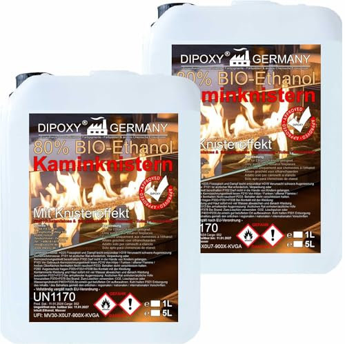 Bioethanol, Ethanol 80% Premium 10L (2x5L) - mit Kaminknister-Effekt, Bio-Ethanol für Dekofeuer, Tischkamin, Kamin & Gartendeko-Feuer für Innen und Außen - Rauch- und Rußfrei