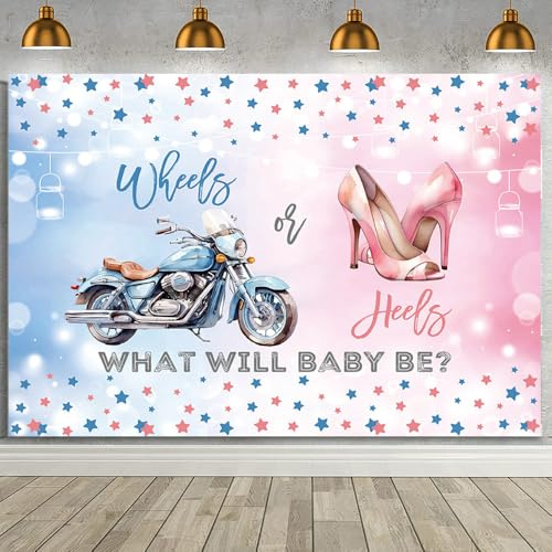 MEHOFOND 7x5ft Wheels or Heels Gender Reveal Backdrop Boy or Girl What Will Baby Be Decorations Banner Motorcycle and High Heels Gender Reveal Baby Shower Photography Background Cake Table Supplies