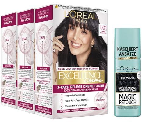 L'Oréal Paris Haarfärbe- und Ansatz-Kaschierset, 3x Permanente Haarfarbe Excellence Creme, Nr. 1.01 Tiefes Schwarz und 1x Ansatz-Kaschierspray Magic Retouch, Schwarz, [Amazon Exclusive Set], 4-teilig