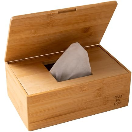 BAMPADOO Bambus Feuchttücherbox Feuchttücher Box Baby- mit Deckel und Silikonring - [LBH: 20 x 13,5 x 8cm] Natur Bambus Tücherbox Organizer Aufbewahrung Wickeltisch Kinderzimmer Bad Küche Kosmetik