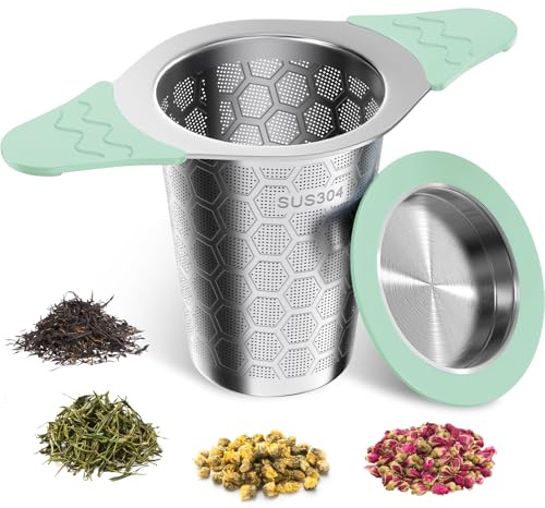Tea Strainer for Loose Tea, 304 Stainless Steel Tea Infuser with Lid & Double Silicone Handles, Tea Filter Fine Mesh, Teapots, Cups, Tea Diffusers for Loose Tea - Green