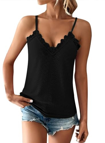 Top Mujer Sexy Encaje Top Mujer Elegante Tops Verano Camiseta Interior Holgada con Cuello de Pico sin Mangas Camisola Tops Casual Tirantes Espaguetis Monocolor Blusa Transpirable Casual Blusa