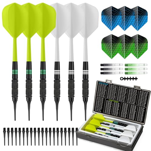 HUANQU 6 Pack Soft Tip Darts Set 16g- Integrated dart Flights 2BA Thread Plastic Tip Darts with Case 20 dart Points 6Extra Shafts & Flights Storage Box Included – Electronic DartBoard Compatible