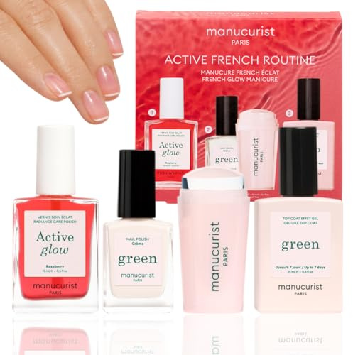 Kit French Manucure par Manucurist - Active™ Glow Raspberry, Vernis à Ongles Green™ Crème, Tampon French Manucure Mani Stamper, Top Coat Effet Gel Sunshine - Vernis à Ongles Soin