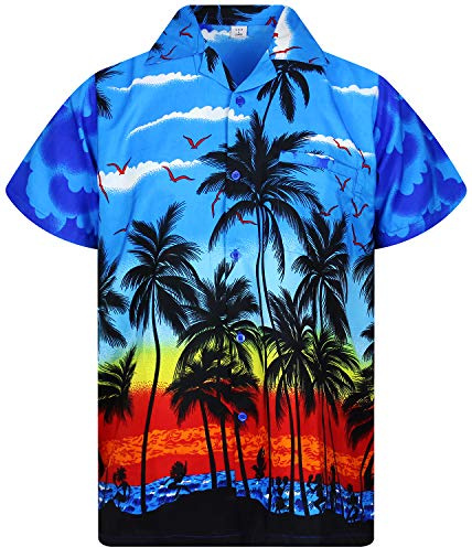 V.H.O. Funky Hawaii-skjorta för män, kortärmad med frontficka och Hawaii-tryck: strand, palmer och olika färger, Strandblå, 3XL