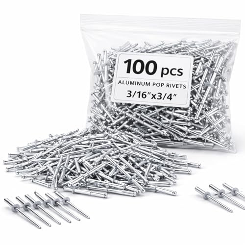 100PCS Large Flange Aluminum Blind Rivets 3/16 x 3/4 Big Head Steel Mandrel Dome Body Blind Clenches Set for Sheet Steel Duct Work Aluminum Boat Clenches Long Rivets