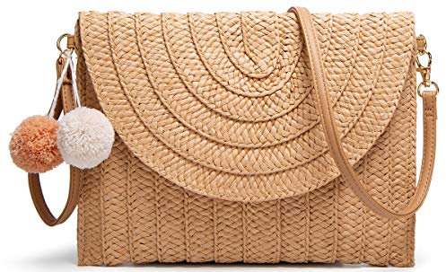 Stroh-Umhängetasche, Stroh-Clutch, handgewebt, Pom-Pom-Stroh, Crossbody-Tasche, Sommer, Strand, Umschlag-Geldbörse, A-Khaki, Medium
