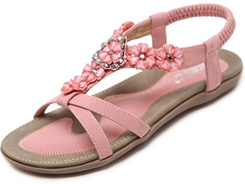 Offene Sandalen Damen Sommer mit Blumen Strass Flach Bohemian Sandaletten Frauen mit Weiche Fußbett Outdoor Freizeit Strand Schuhe Rosa 40 EU = Herstellergröße 41