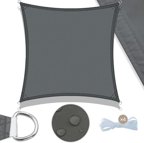 UMI Sonnensegel Wasserdicht 3x3m Rechteckig Sonnenschutz Wetterschutz PES Polyester Segel Baldachin 95% UV Schutz mit Seilen für Garten Balkon Terrasse- Anthrazit