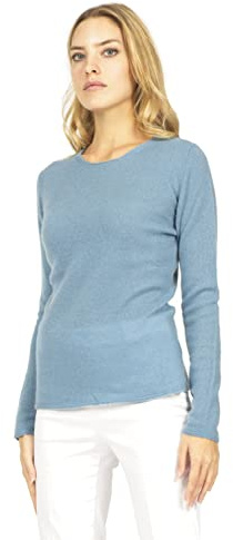 Marine Cashmere - Tröja med rund hals av 100 % kashmir för kvinnor, tillverkad i Italien, O-hals, inklusive presentförpackning, Himmelsk, L