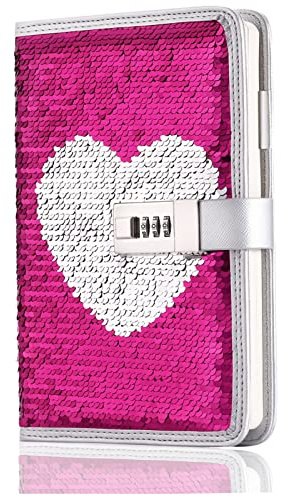 VIPbuy Personal Diario Secreto de Lentejuelas con Contraseña,A5 Cuaderno de Notas Libretas Bonitas de Tapa Dura Para Regalos Niña(Corazón Rojo)