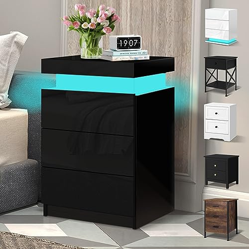 ELFORDSON LED Bedside Table with 3 Drawers and 1 Top Drawer, Bedside Cabinet with 4-side High Gloss, 16 RGB LED Colours, Side Table Nightstand for Bedroom Living Room Home Furniture, Black