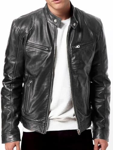 DECIMAL Men's Black Genuine Lambskin Leather Biker Jacket VINTAGE REAL BROWN MOTORCYCLE JACKETS FOR MEN (3XL, BLACK)