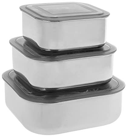 Equinox 530872 - Set di 3 contenitori per alimenti in acciaio inossidabile, contenitori ermetici, quadrati con coperchio in plastica, capacità 600 ml, 900 ml, 1500 ml