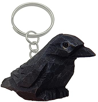Selsela Hand-Carved Raven Keychain - Miniature Wooden Black Crow Figurine. Wildlife Bird Charm with Clip & Ring, Home Decor, Handmade Carving for Keys & Bags,