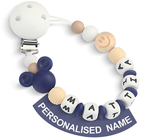 Yolnkos Schnullerkette mit Namen Jungen Mädchen Personalisiert Schnullerclip Maus(Navy Blau)