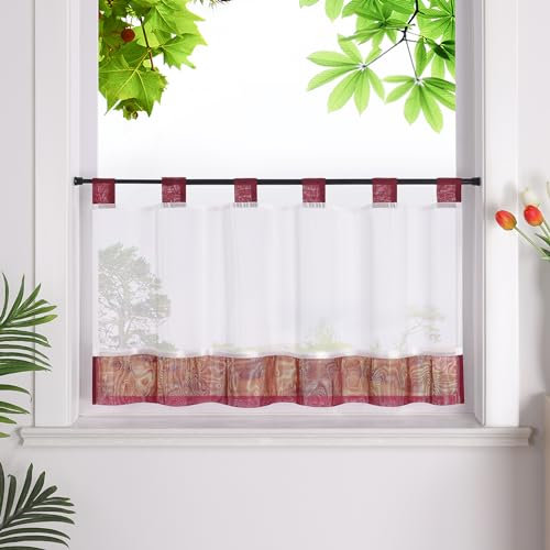 HeichkelL Scheibengardine mit Schlaufen Leinenoptik Gardine Halbtransparent Bistrogardine Landhausstil Kurzstores Rot HxB 45x120cm