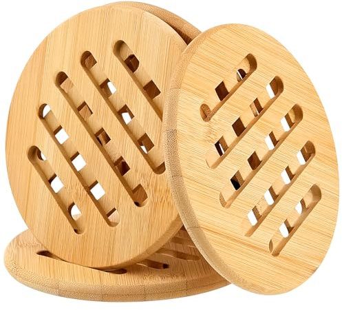 WuGU Sottopentola in Bambù - Set Di 4 Pezzi Antiscivolo Resistenti Al Calore Per Pentole Da Cucina