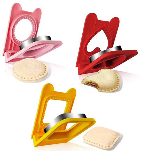 3PCS Sandwich Cutter and Sealer,Sandwich Cutters for Kids Lunch,Crustless Sandwich Cutter,Cookie Cutter for Children Lunchbox and Bento Box (Pink Round+Red Heart+Yellow Square)