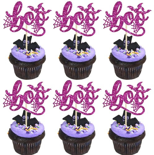 Ephlyn 24Pcs Halloween Boo Cupcake Toppers Glitter Spider Web Bat Cupcake Picks for Halloween Boo Theme Baby Shower Birthday Party Cake Decorations Supplies Purple