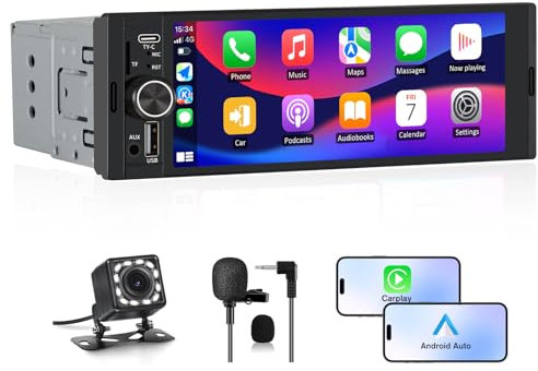 Hexinex Autoradio 1 DIN con schermo Wireless CarPlay e Android Auto FM Bluetooth AUX Tipo-C Telecamera posteriore