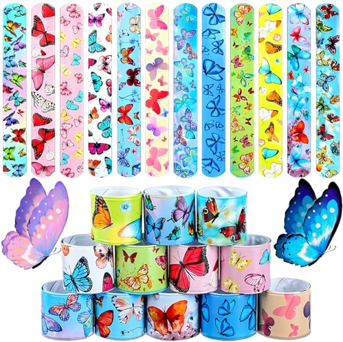Seamart 24 PCS Slap Bracelets à Claquer, Papillons Slap Bandes pour Enfants, Bracelets Snap Multicolores pour Enfants, Garçons, Filles, Anniversaire