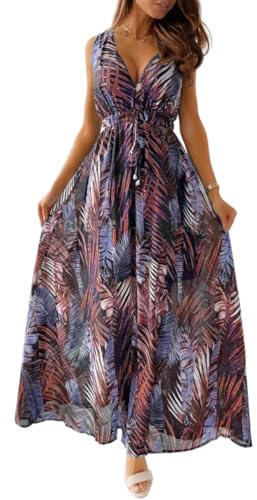 Yutdeng Vestito Donna Estivo Casual Senza Maniche Stampa Floreale Copricostume Scollo a V Boho Abiti Coulisse Stringata Elegante Abito Lungo da Spiaggia Maxi Dress,Arancione,XXL