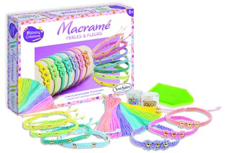 Sentosphère – Macramé Perles & Fleurs – Coffret créatif pour enfants dès 8 ans – Crée 14 bracelets colorés avec des fils macramé et des perles dorées pour un look unique et personnalisé – 80003