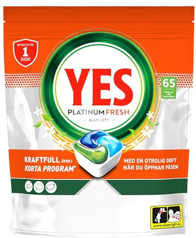 Yes Platinum Fresh All In One Maskindiskmedel, 65 Diskmaskinstabletter, För Tuffa Utmaningar, Rengör Till och med Flottiga Filter