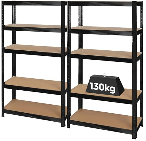 Harbour Housewares 5-Tier Steel Garage Shelving Units Set - Matt Black - 2pc Heavy Duty Free Standing Industrial Shed Storage Racking Shelves | Boltless Assembly | 650kg Capacity | 75 x 30 x 150cm