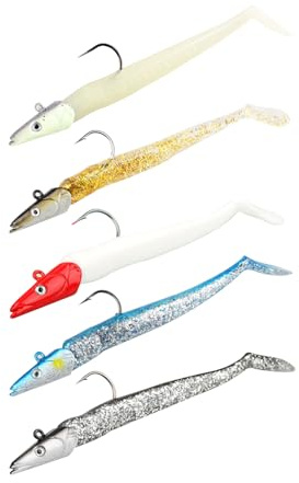 5PCS Soft Fishing Lures, 3D Eye Jig Head Soft Lure with Paddle-Tail Swimbait Pre-Rigged with Sharp Single Hook Artificial Bait Sea Fishing For Bass Pike Trout Sandeel Saltwater Freshwater 11cm/22g