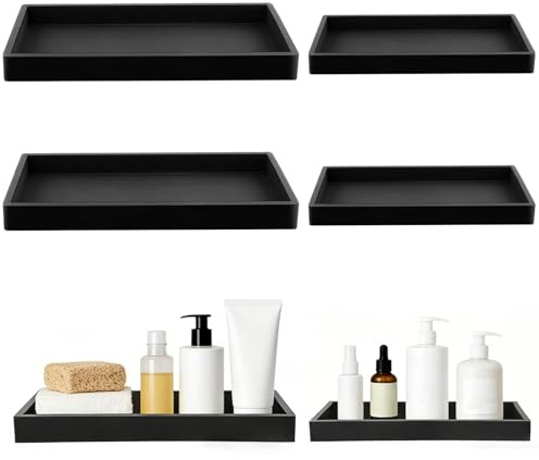 Sixfolo 4 Pezzi Vassoio da Bagno Nero in Silicone 2 Misurare Vassoio Decorativo Rettangolare Vassoi Portaoggetti da Bagno e Cucina per Gioielli Sapone Profumi Cosmetici Candele
