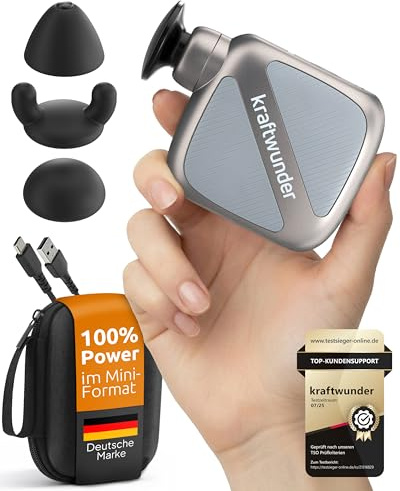kraftwunder Mini Massagepistole - Kompakt & flüsterleise für Nacken, Rücken & Triggerpunkte - Effektive Tiefenwirkung mit 6 mm Hub, 4 Stufen, 230 g leicht, USB-C, inkl. Case & Silikonköpfe (Grau)