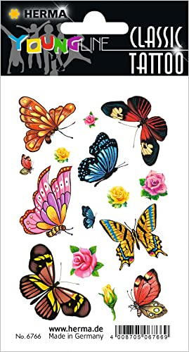 HERMA 6766 Temporäre Tattoos Schmetterlinge, 15 Stück, Klebetattoos zum Aufkleben, Fake Tattoos Aufkleber mit Blumen Motiv, Kindertattoos Sticker für Geburtstag Fasching Karneval Kinder Erwachsene