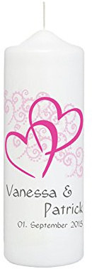 Weddix Bröllopsljus med namn och datum, vit med hjärtan och ornament i rosa – personlig, best ljus med talesätt