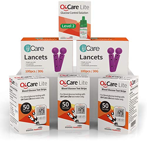 Oh’Care Lite Blood Sugar Testing Monitor – 150 Glucose Test Strips, 200 Lancets, and 1 Control Solution for for Blood Testing – Accurate and Affordable Diabetic Supplies