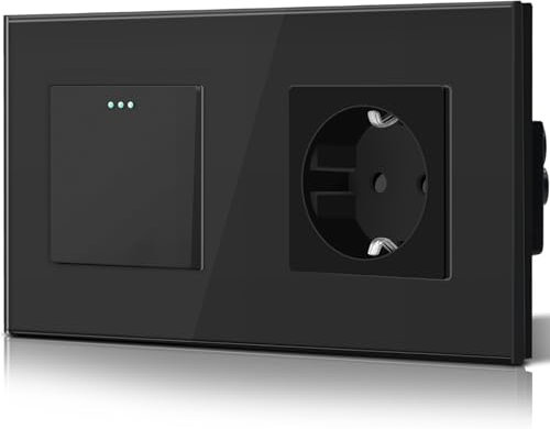 BSEED Druckknopf lichtschalter glas und 16A AC EU Steckdose Glasscheibe 1 Fach 1 Weg Wandschalter Schwarz