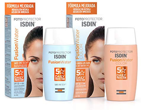 ISDIN Fusion Water Fotoprotector Facial SPF 50, de Fase Acuosa para Uso Diario, Textura Ultra Ligera + ISDIN Fotoprotector Fusion Water COLOR SPF 50, cobertura natural 50 ml