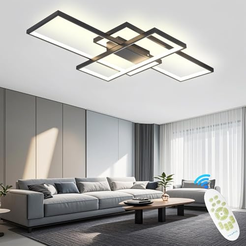 Plafonnier LED, Luminaire Salon, dimmable avec télécommande 3000K-6000K, nouveau design irrégulier lampe rectangulaire en métal acrylique cuisine lampes de décoration de chambre,Noir,90*50CM/80W
