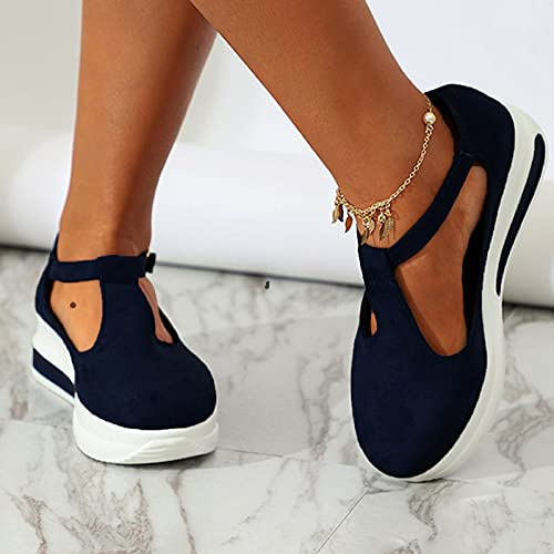 HHZY Sandales Talon Compensé Mode Femme Été Sandales en Daim Plateforme Bout Fermé Casual Mocassins Sandales avec Bride Cheville Chaussures Plage,Noir,39