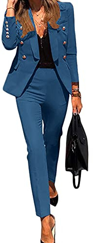 Tailleur 2 Pièces Femme Travail Décontracté Bureau Blazer Pantalon Deux Double Boutonnage Costumes De Veste Formelle Ensemble Couleur Unie Slim Entreprise Formel,Bleu,XL