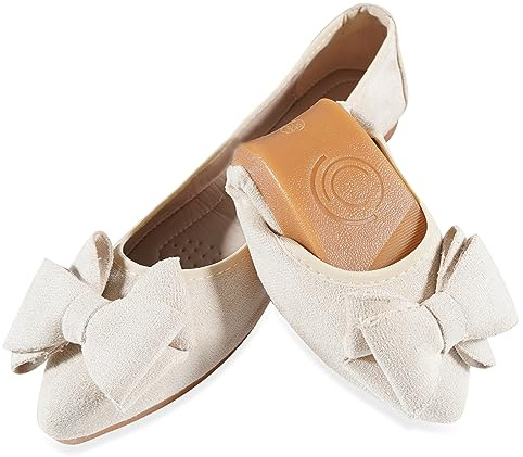 MACHSWON Ballerinas für Frauen Bequeme Damen Flache Ballerina Faltbare Pumps Freizeitkleid Spitz Zehen Schwarz Flache Schuhe Damen, Aprikose Schleife, 42 EU