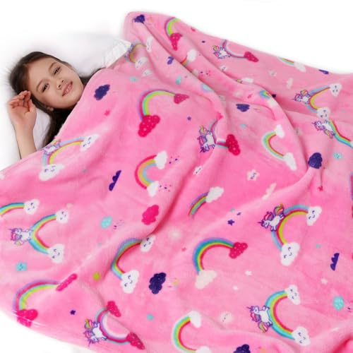 Lukeight Pink Rainbow Toddler Blanket Gifts for Girls, Plush Unicorns Throw Blanket for Kids and Adults, Thick and Warm Girls Blanket for Teens Birthday Gifts (Rainbow Unicorns, 50x60 Inches)